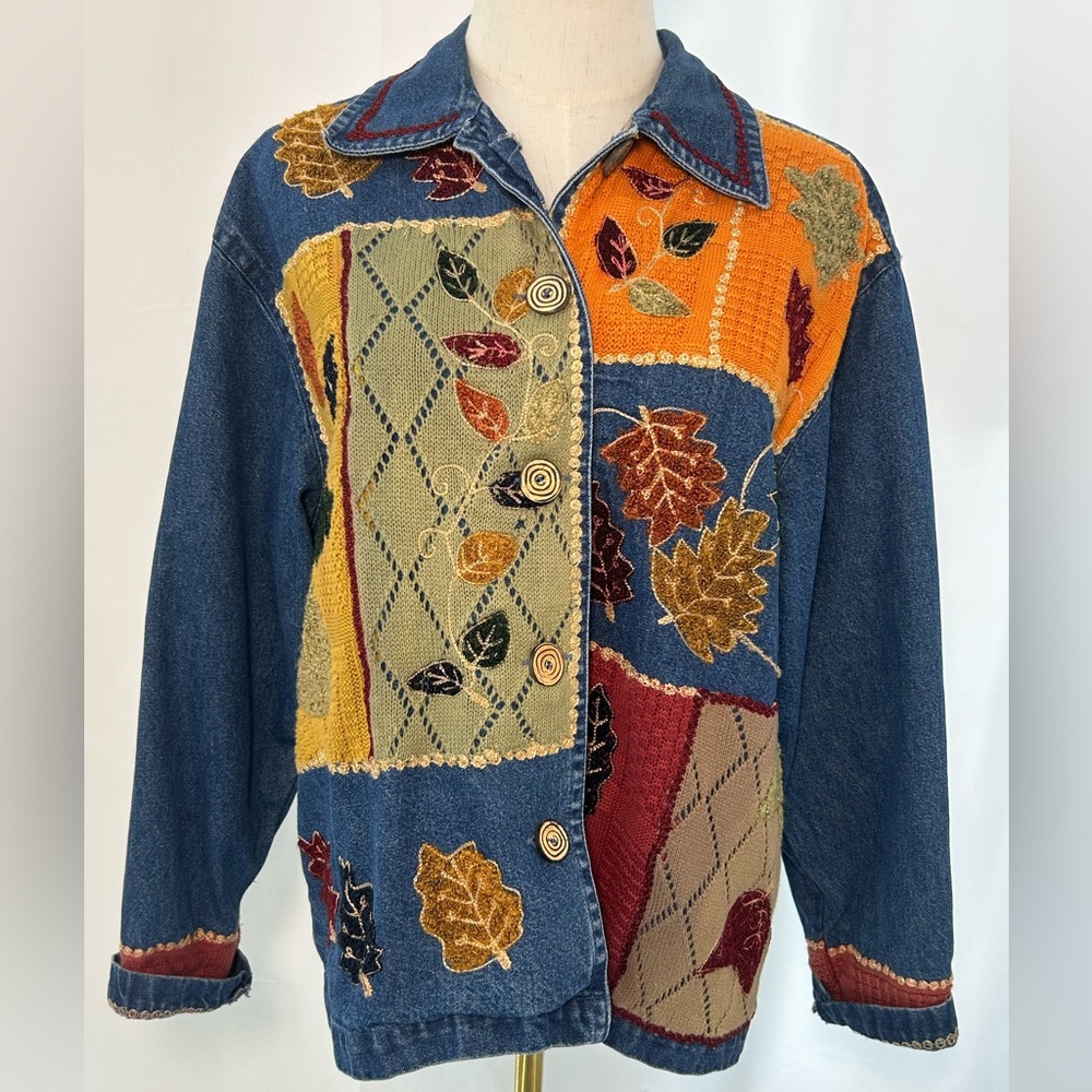 VTG 90s NEW DIRECTION Knit Fall Leaves Jean Jacket SHACKET